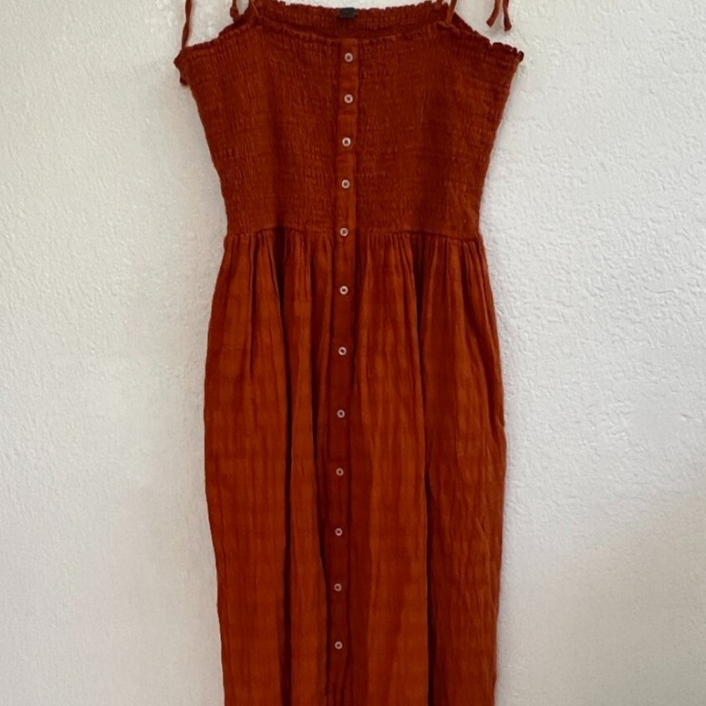 Aerie Rust Orange Smocked Button Front Tie Up Straps Midi Sun Dress Size Large